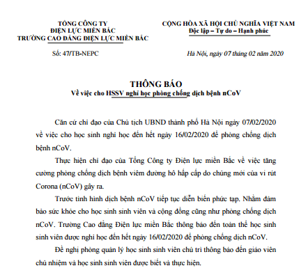 Thông báo cho HSSV nghỉ học để phòng chống dịch 2019-nCoV