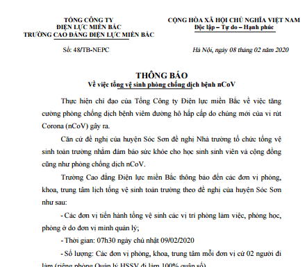 Thông báo về việc tổng vệ sinh phòng chống dịch nCoV
