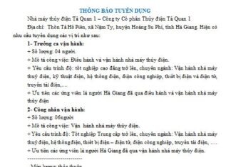 Nhà máy thủy điện Tả Quan 1 thông báo tuyển dụng