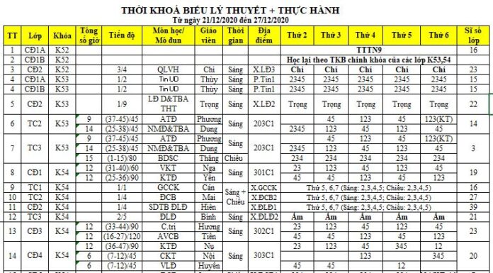 TKB + lịch thi từ ngày 28/12/2020 đến 03/01/2021