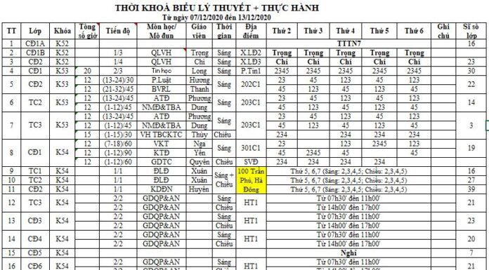 Thời khoá biểu + lịch thi tuần từ 7/12 đến 13/12/2020