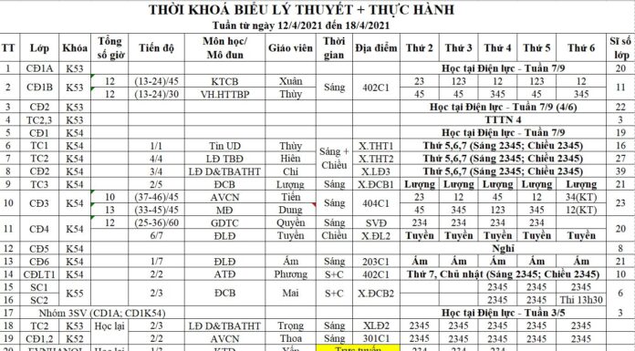 Thời khoá biểu + Lịch thi (Tuần từ 12/4 đến 18/4/2021)