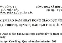 Danh mục thiết bị, dụng cụ Đào tạo các nghề: Vận hành nhà máy Thuỷ điện, Nhiệt điện; Quản lý vận hành, sửa chữa đường dây và trạm biến áp có điện áp từ 110 kV trở xuống; Điện Công nghiệp; Kinh Doanh điện năng; Hệ thống điện; Lắp đặt đường dây tải điện và trạm biến áp có điện áp từ 110 kV trở xuống