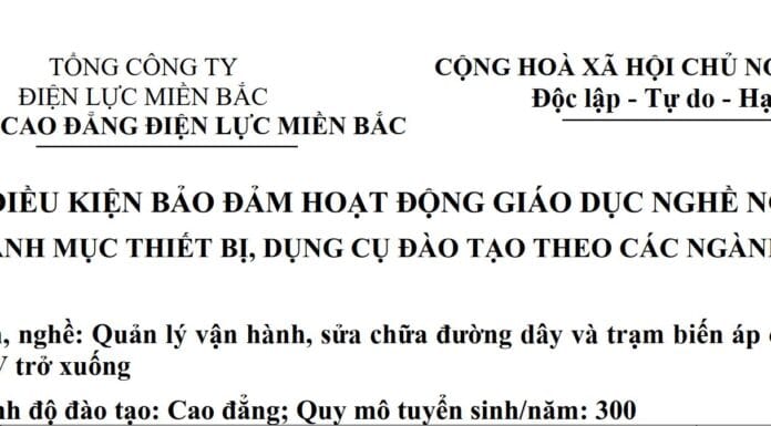 Danh mục thiết bị, dụng cụ Đào tạo các nghề: Vận hành nhà máy Thuỷ điện, Nhiệt điện; Quản lý vận hành, sửa chữa đường dây và trạm biến áp có điện áp từ 110 kV trở xuống; Điện Công nghiệp; Kinh Doanh điện năng; Hệ thống điện; Lắp đặt đường dây tải điện và trạm biến áp có điện áp từ 110 kV trở xuống