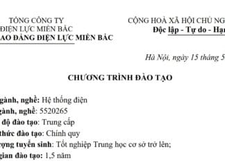 Chương trình Đào tạo: Nghề Hệ thống điện (TC); Nghề Quản lý vận hành, sửa chữa đường dây và trạm biến áp có điện áp 110kV trở xuống (CĐ + TC); Nghề Vận hành Nhà máy Thủy điện (CĐ + TC)