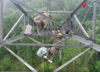 Công nhân đu mình thay sứ đường dây 500 kV